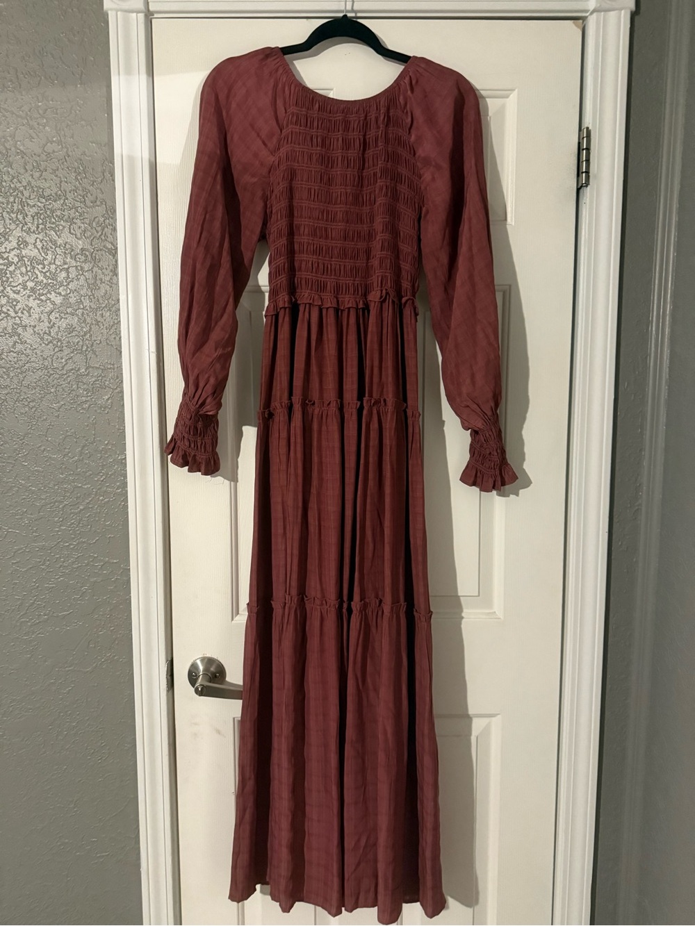 Women's Dusty Rose Long Tiered Maxi Dress with Smocked Bodice - Picture 2 of 5